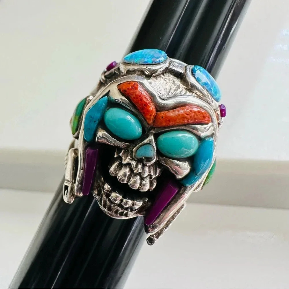 Handmade Sterling Silver & Multi Stone Inlay
Skull/Pilot/Biker/Rocker Ring - Picture 9 of 9